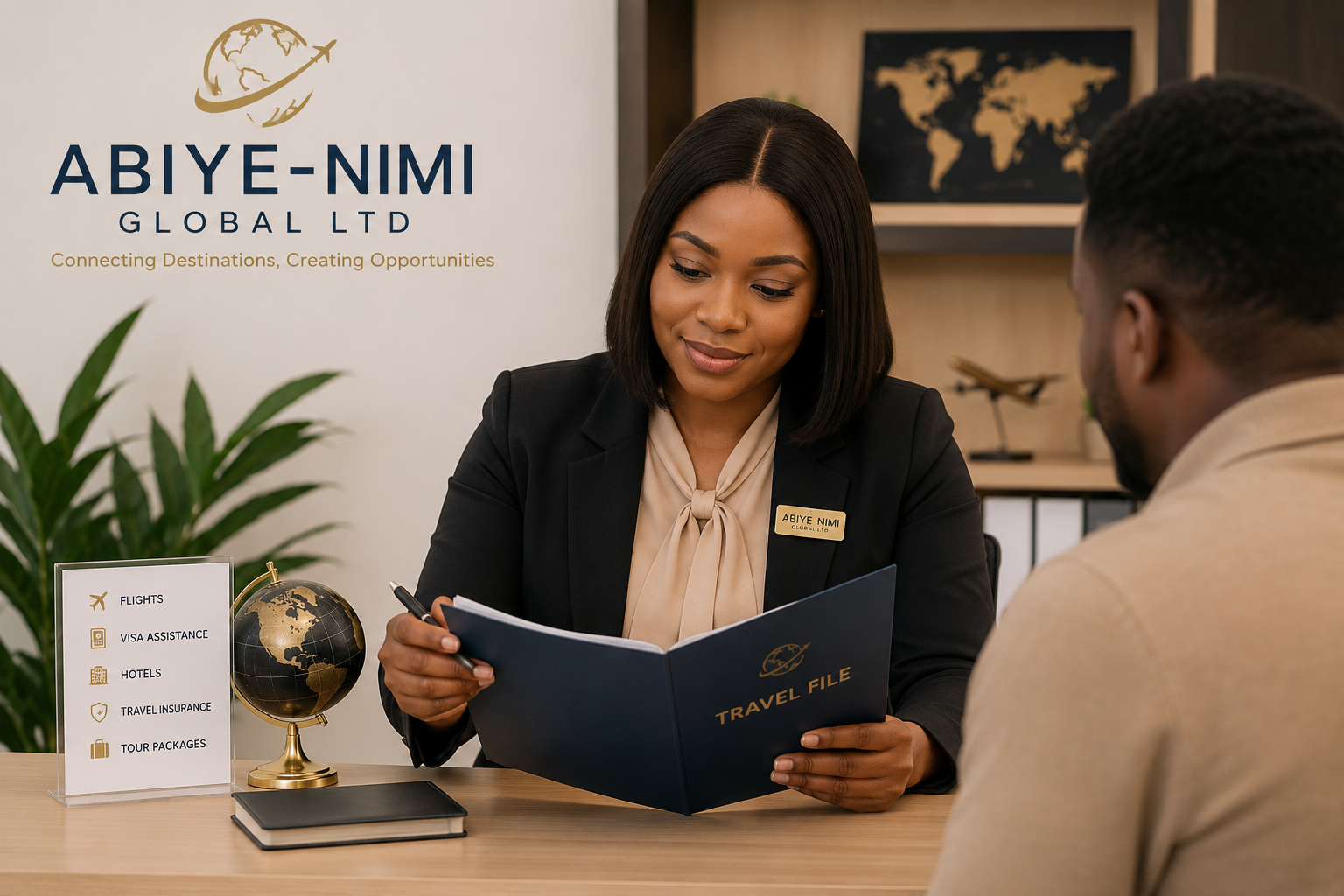 An Abiye-Nimi agent assisting a client with travel documents